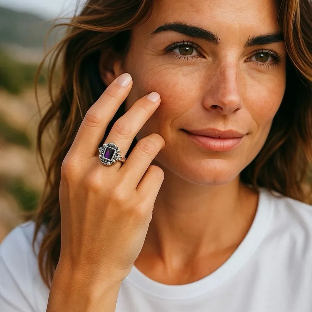 Sterling Silver Ornate Faceted Rectangle Cut Genuine Amethyst Ring Size 7 New